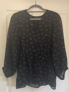 Lucky Brand Black Sheer Peasant Blouse with Blue Floral Print